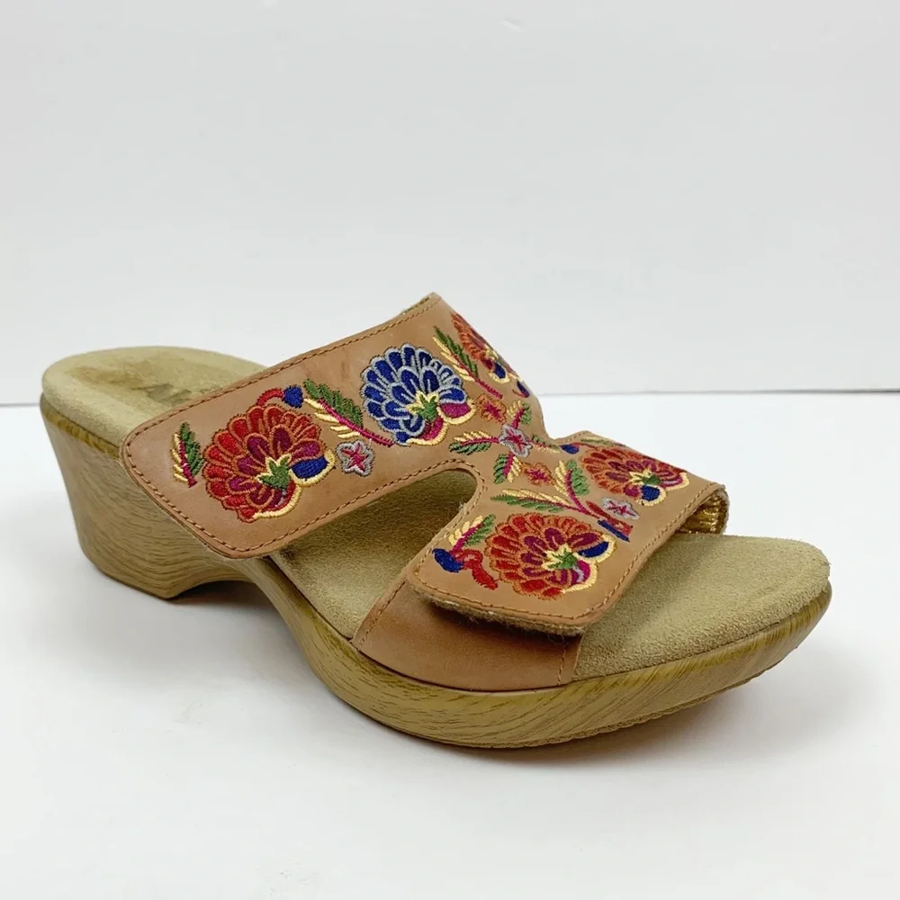 Alegria Linn Clog Floral Embroidered Tan Leather Wedge Sandals